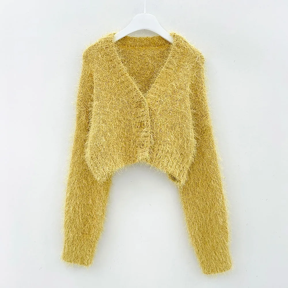 Fuzzy V Neck Cropped Cardigan J31