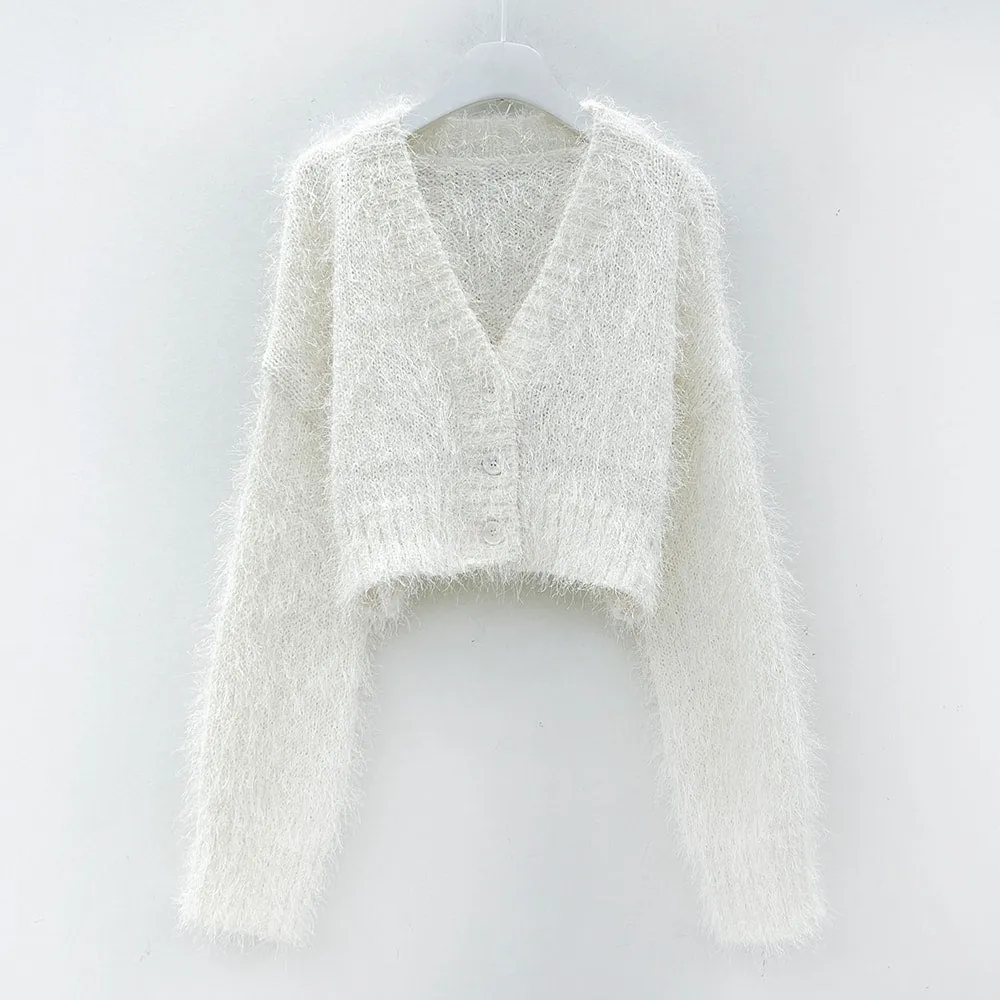 Fuzzy V Neck Cropped Cardigan J31