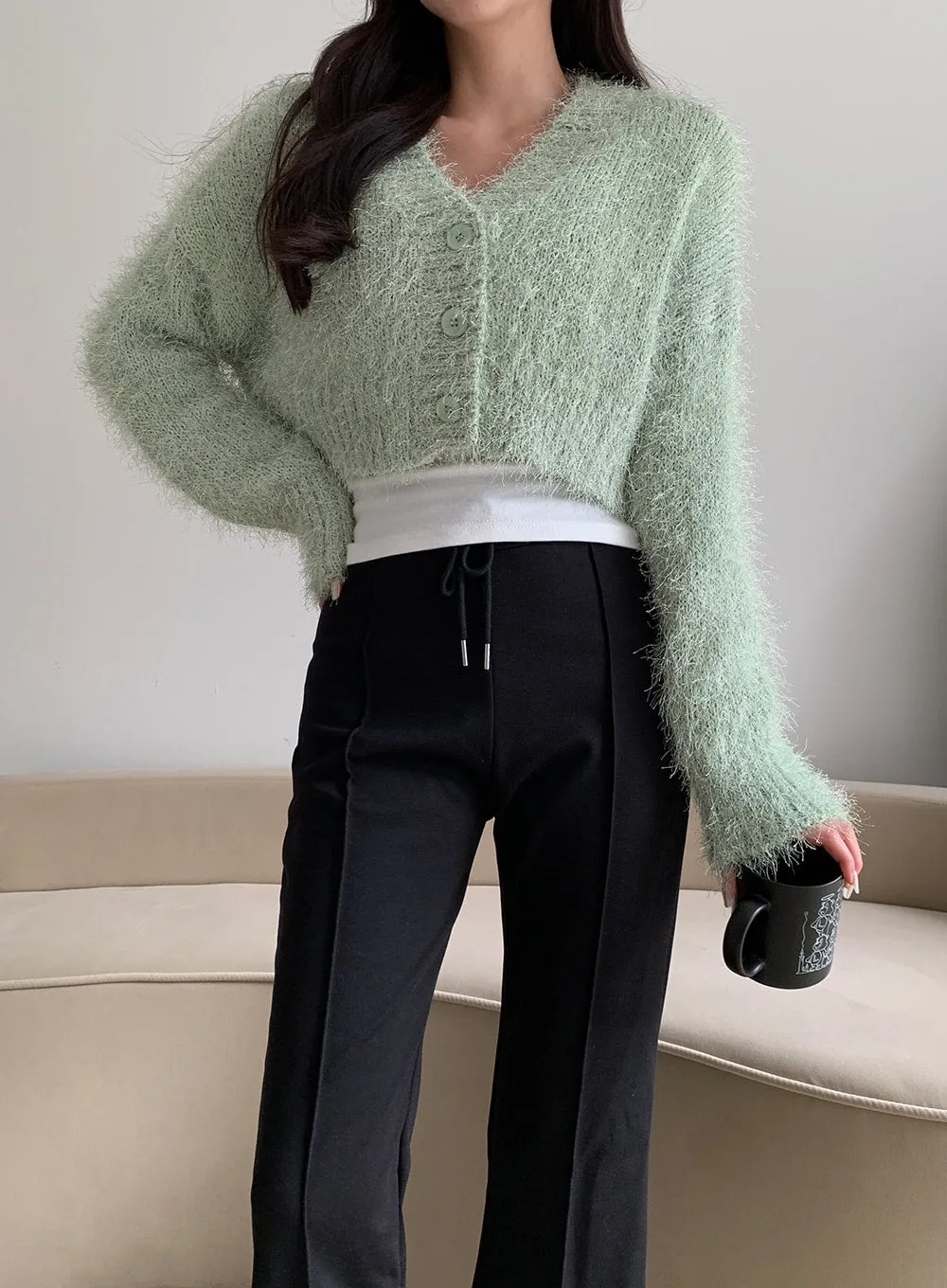 Fuzzy V Neck Cropped Cardigan J31