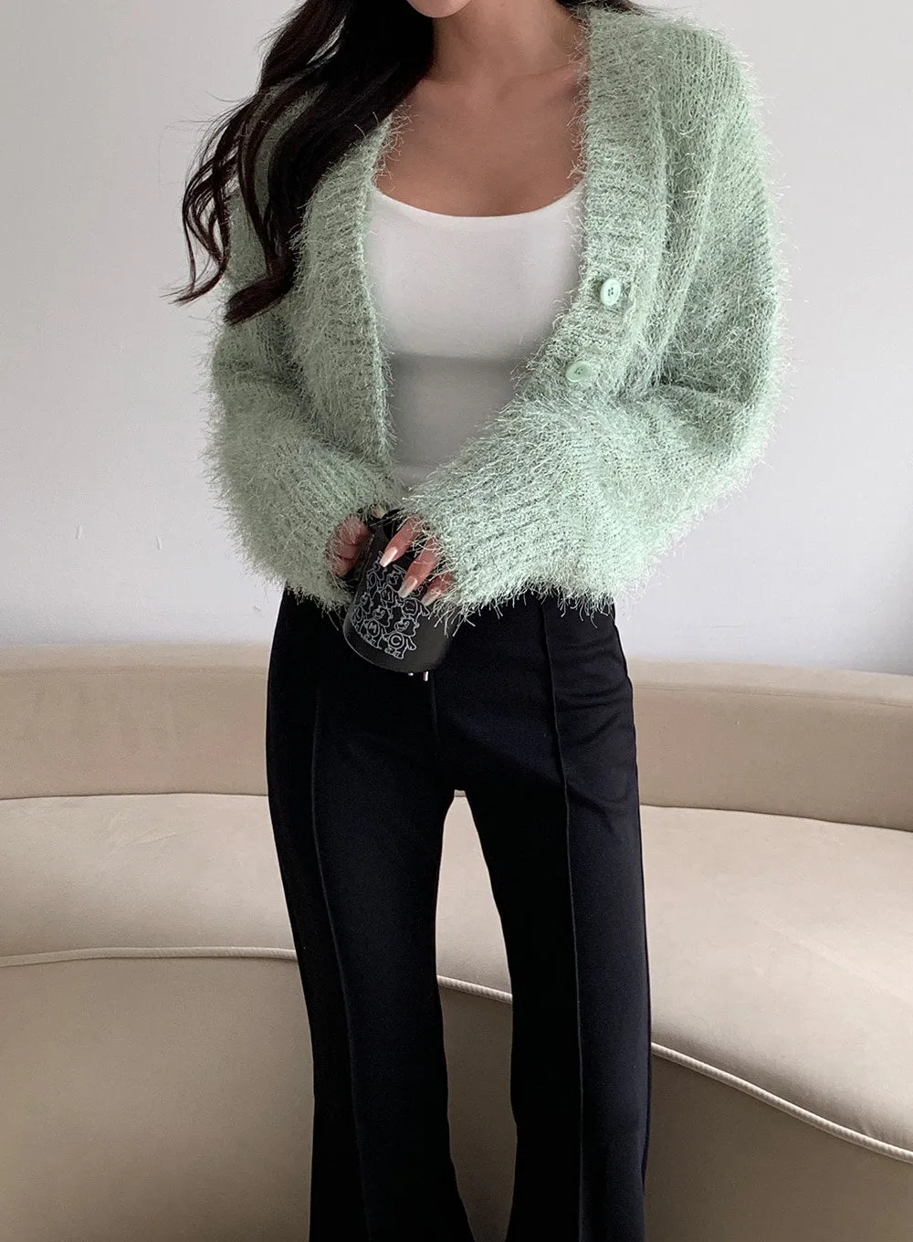 Fuzzy V Neck Cropped Cardigan J31