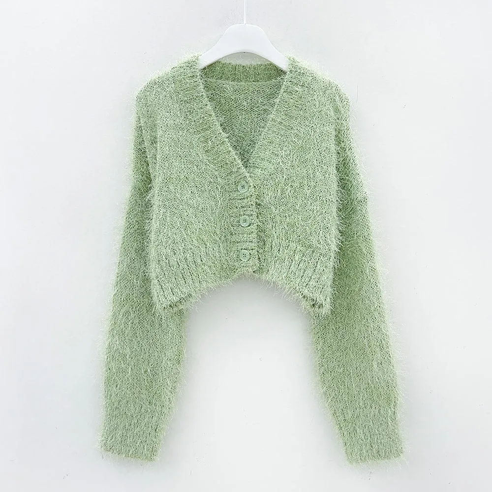 Fuzzy V Neck Cropped Cardigan J31