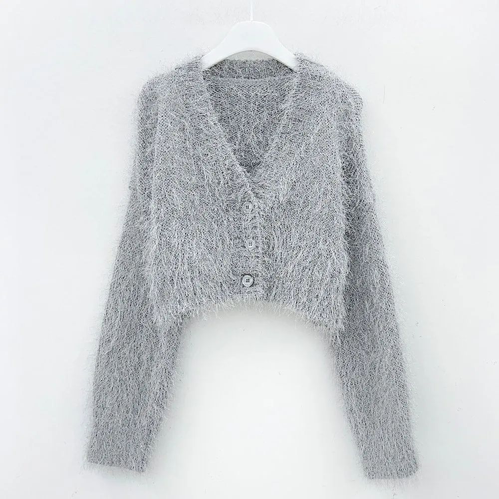 Fuzzy V Neck Cropped Cardigan J31