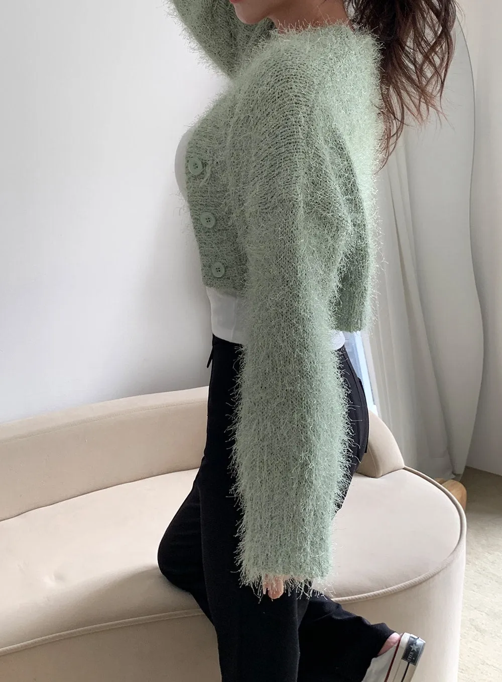 Fuzzy V Neck Cropped Cardigan J31