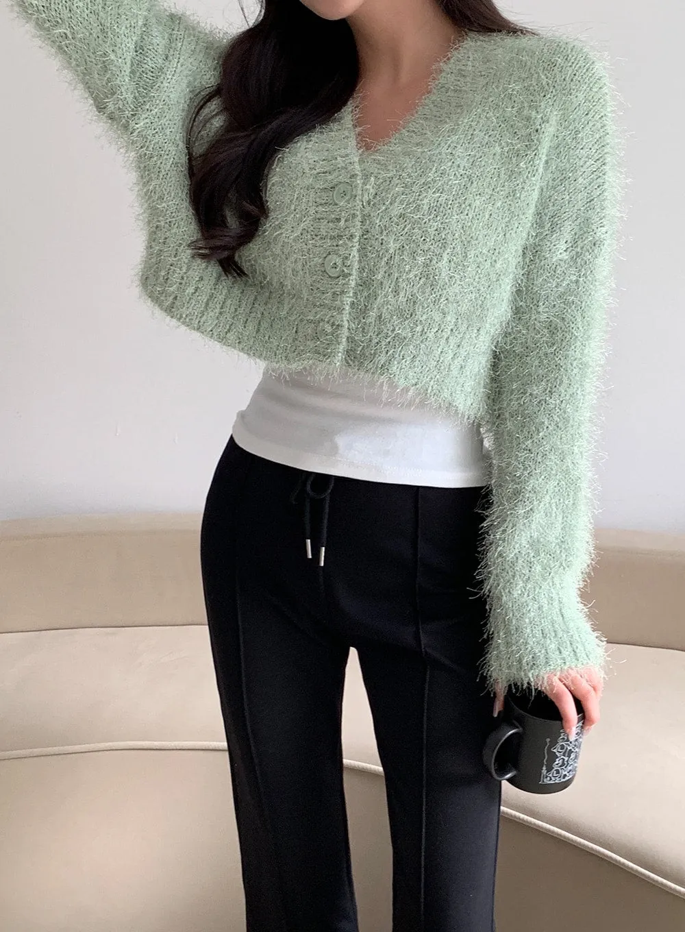 Fuzzy V Neck Cropped Cardigan J31