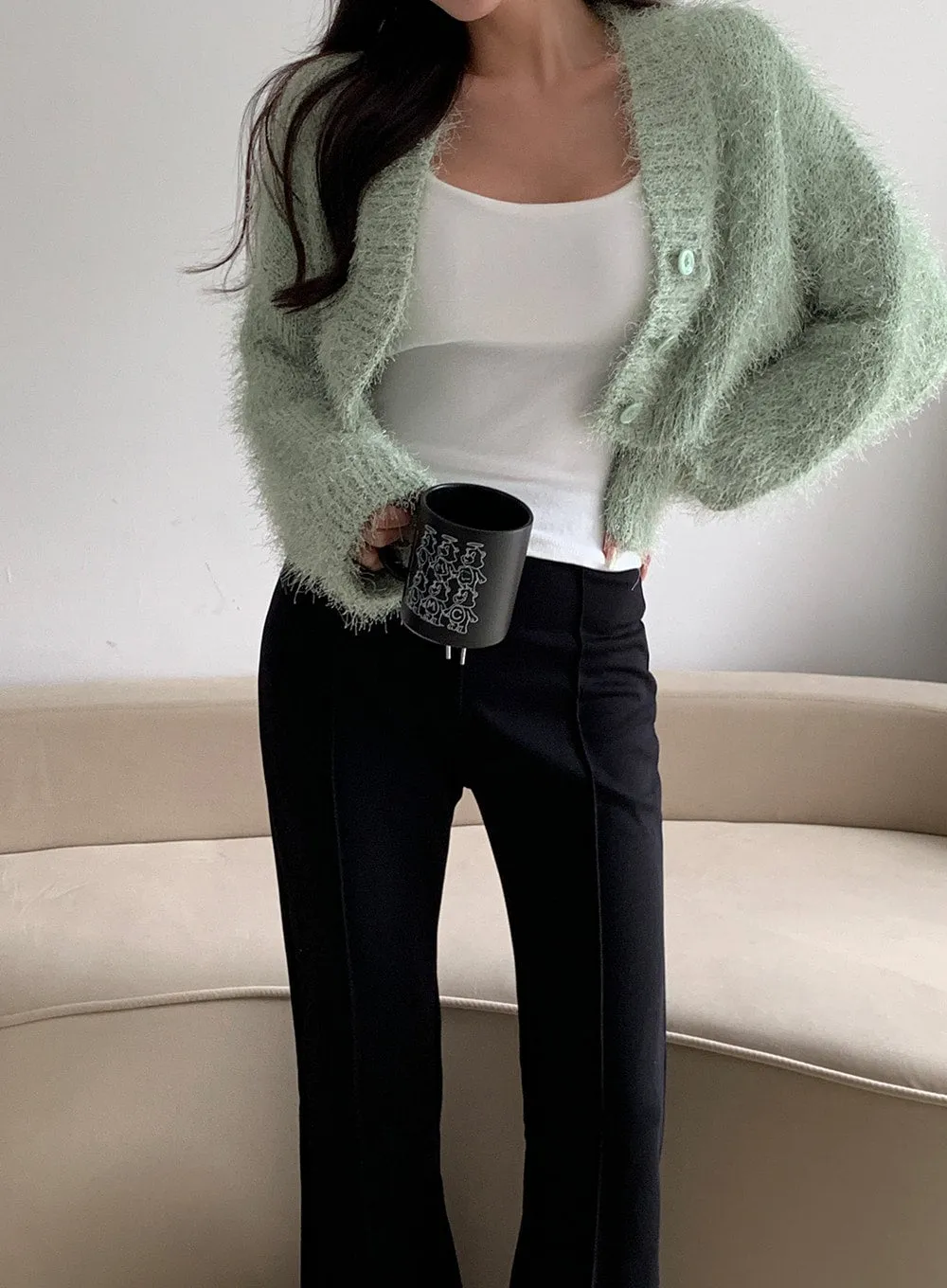 Fuzzy V Neck Cropped Cardigan J31