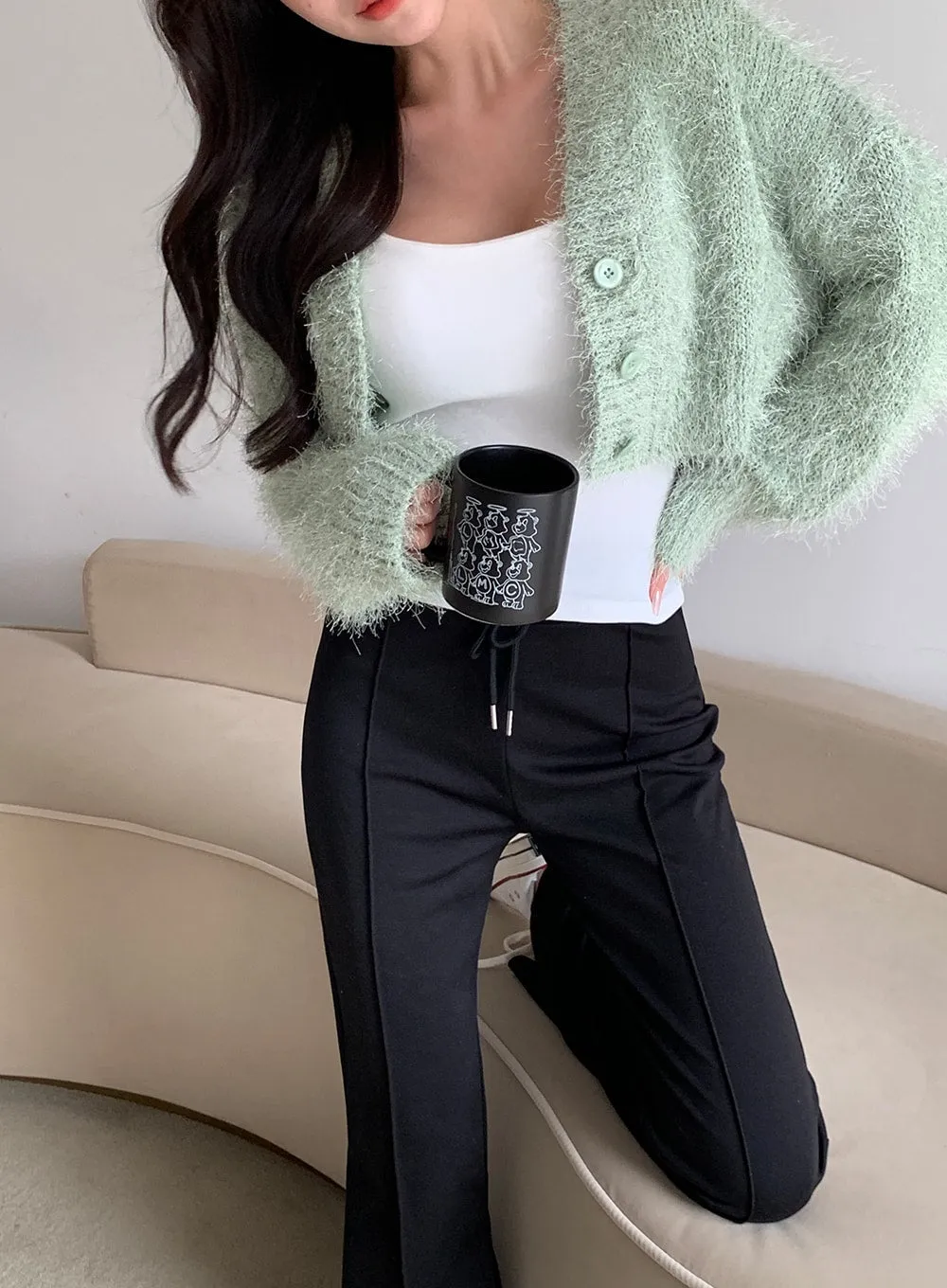 Fuzzy V Neck Cropped Cardigan J31