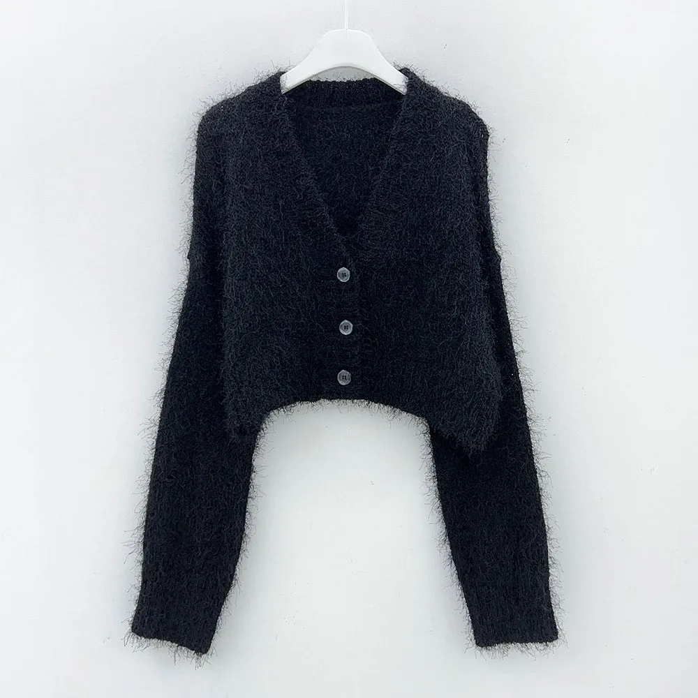 Fuzzy V Neck Cropped Cardigan J31