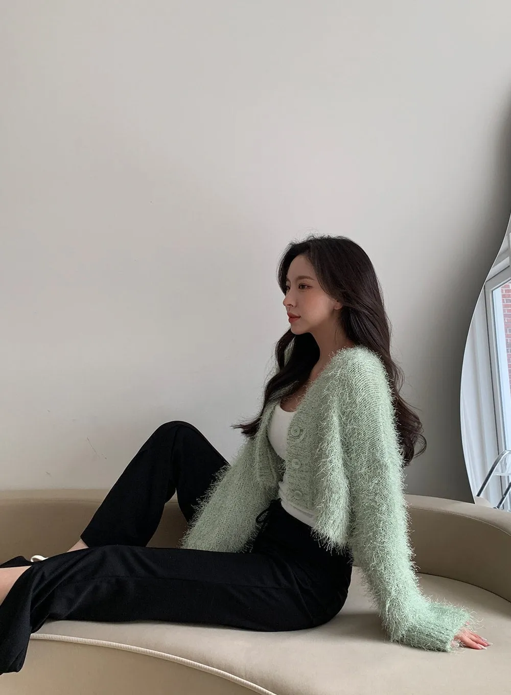 Fuzzy V Neck Cropped Cardigan J31