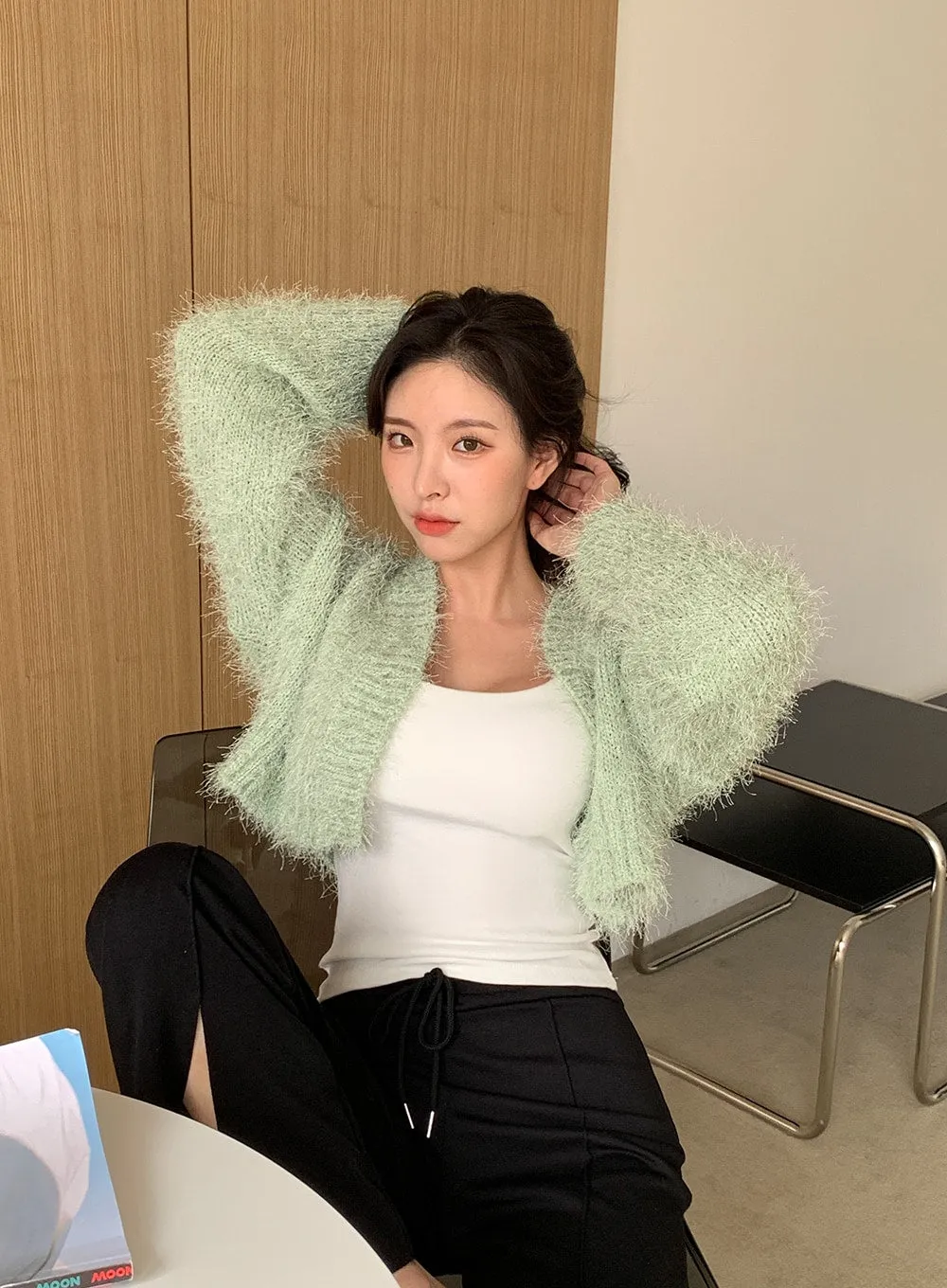 Fuzzy V Neck Cropped Cardigan J31