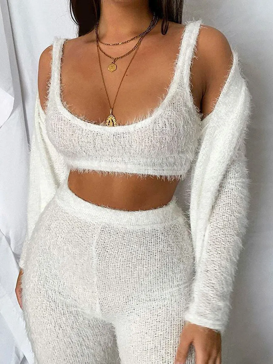 Long Cardigan Tank Top and High Waist Trousers Knitted Three-piece