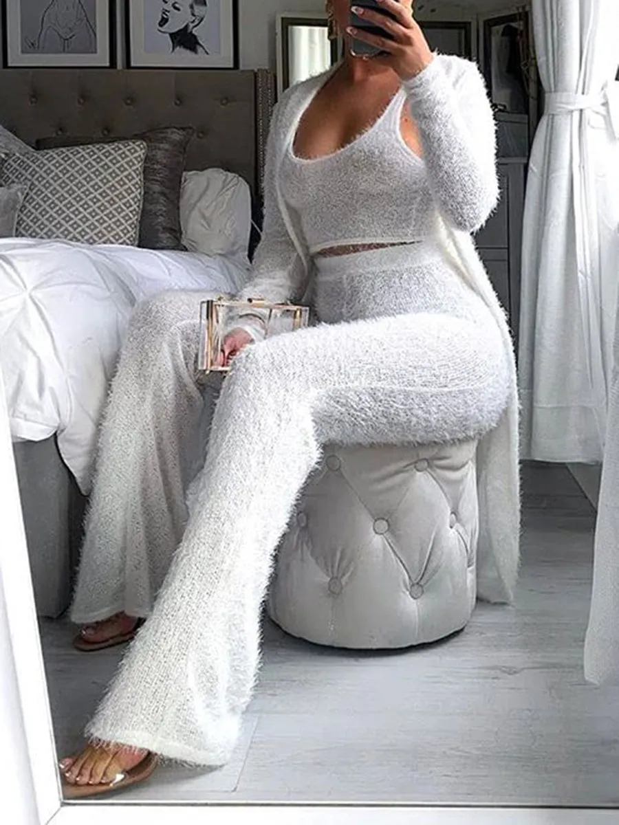 Long Cardigan Tank Top and High Waist Trousers Knitted Three-piece