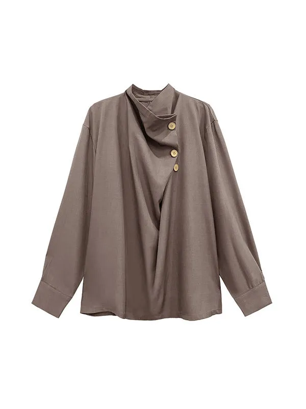 Long Sleeves Loose Asymmetric Buttoned Pleated Solid Color Split-Joint High Neck Blouses