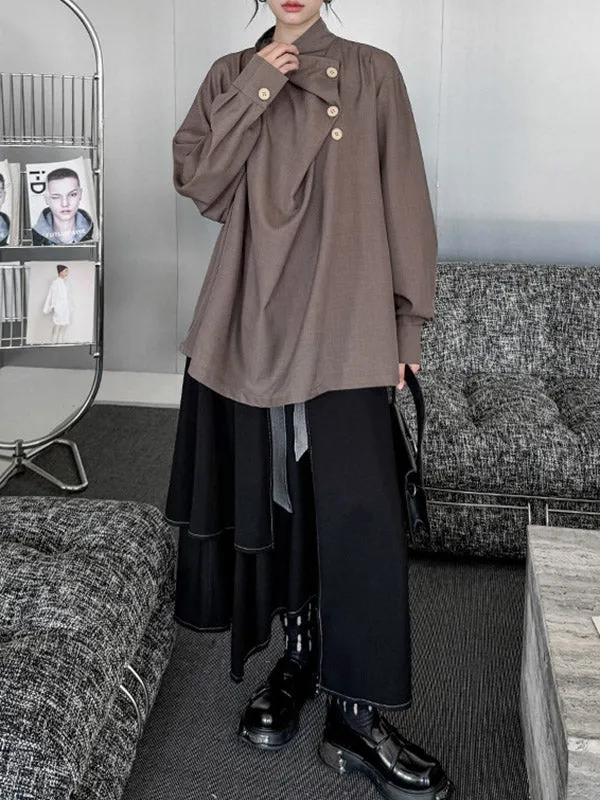 Long Sleeves Loose Asymmetric Buttoned Pleated Solid Color Split-Joint High Neck Blouses