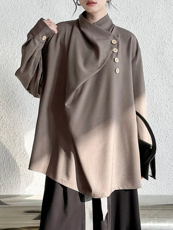 Long Sleeves Loose Asymmetric Buttoned Pleated Solid Color Split-Joint High Neck Blouses