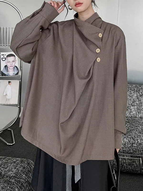 Long Sleeves Loose Asymmetric Buttoned Pleated Solid Color Split-Joint High Neck Blouses