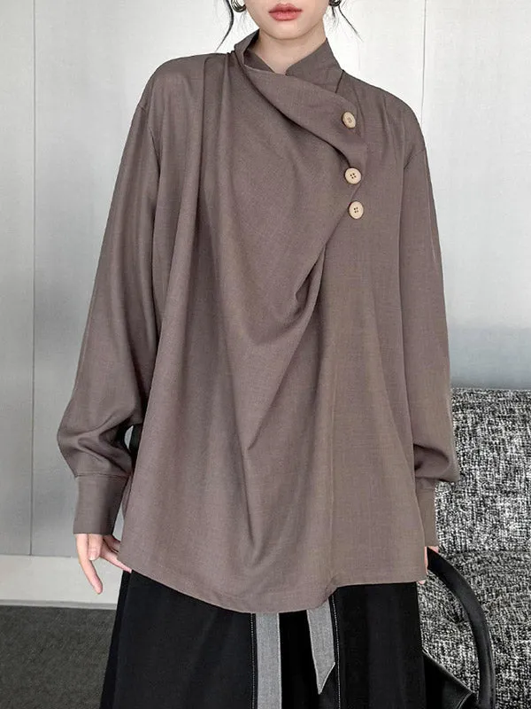 Long Sleeves Loose Asymmetric Buttoned Pleated Solid Color Split-Joint High Neck Blouses