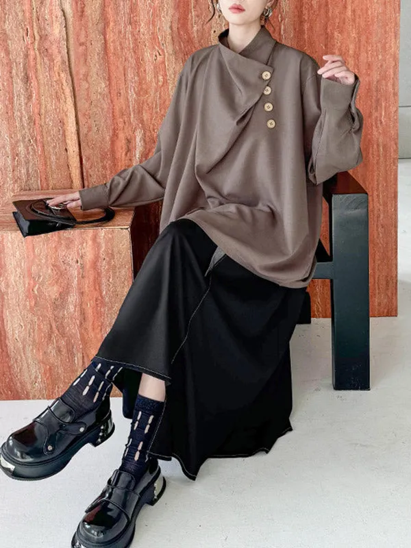 Long Sleeves Loose Asymmetric Buttoned Pleated Solid Color Split-Joint High Neck Blouses