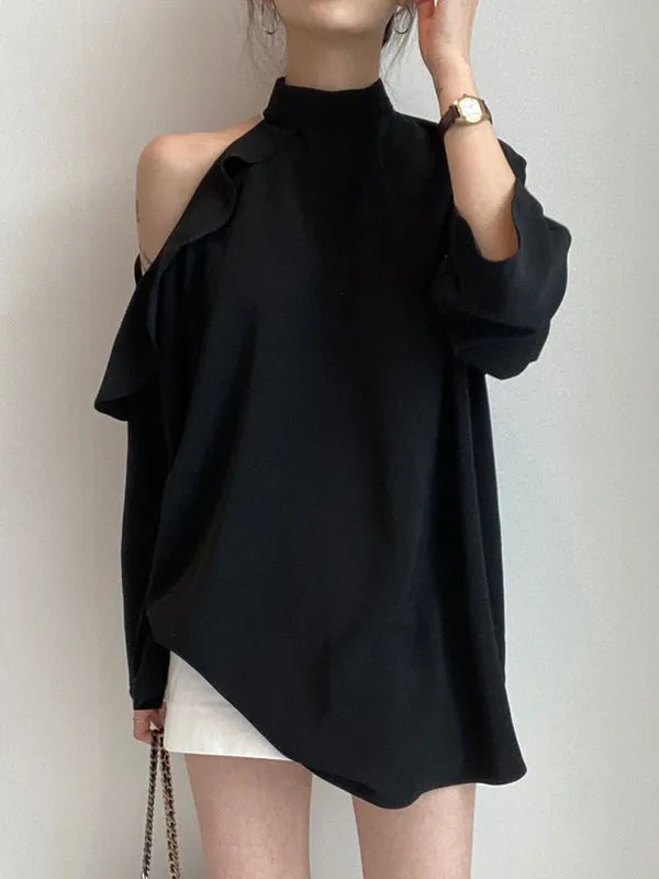 Long Sleeves Loose Asymmetric Hollow Ruffled Solid Color Tied Waist Mock Neck Blouses&Shirts Tops