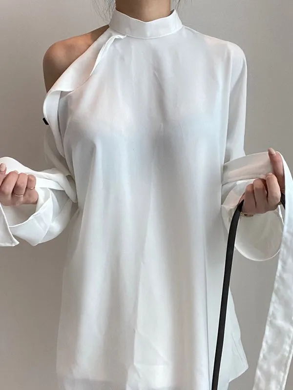 Long Sleeves Loose Asymmetric Hollow Ruffled Solid Color Tied Waist Mock Neck Blouses&Shirts Tops