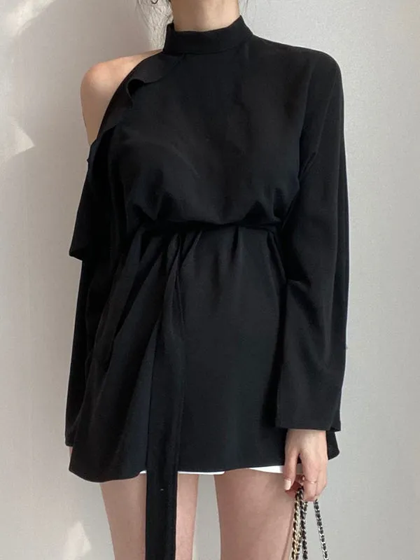 Long Sleeves Loose Asymmetric Hollow Ruffled Solid Color Tied Waist Mock Neck Blouses&Shirts Tops