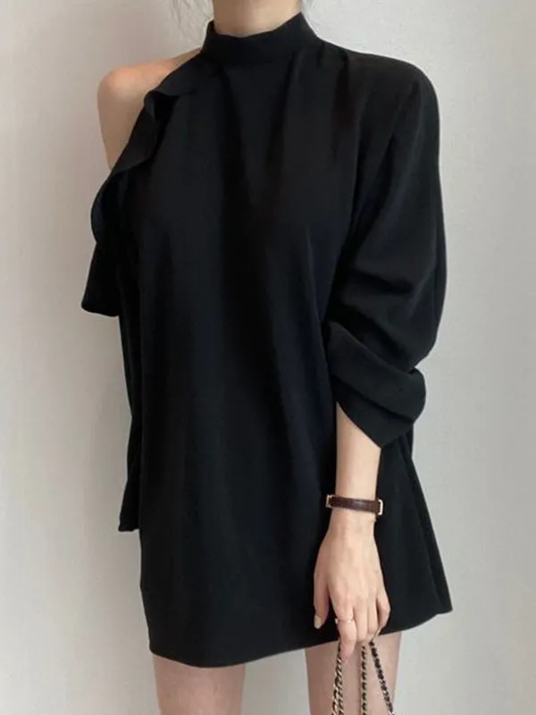 Long Sleeves Loose Asymmetric Hollow Ruffled Solid Color Tied Waist Mock Neck Blouses&Shirts Tops