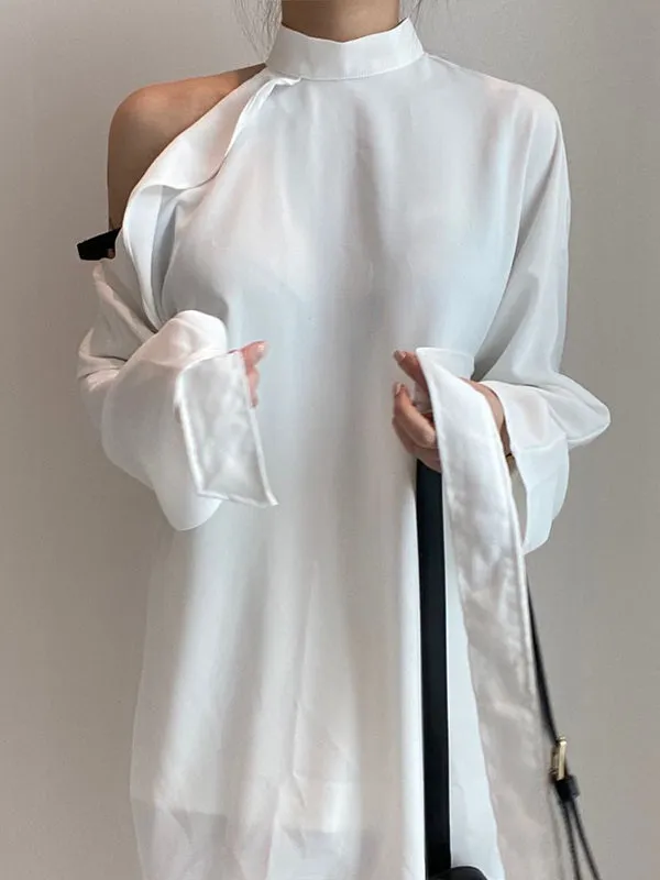 Long Sleeves Loose Asymmetric Hollow Ruffled Solid Color Tied Waist Mock Neck Blouses&Shirts Tops