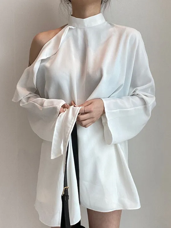 Long Sleeves Loose Asymmetric Hollow Ruffled Solid Color Tied Waist Mock Neck Blouses&Shirts Tops