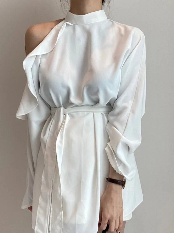 Long Sleeves Loose Asymmetric Hollow Ruffled Solid Color Tied Waist Mock Neck Blouses&Shirts Tops