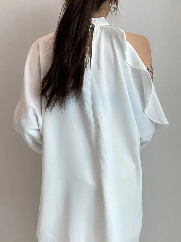 Long Sleeves Loose Asymmetric Hollow Ruffled Solid Color Tied Waist Mock Neck Blouses&Shirts Tops