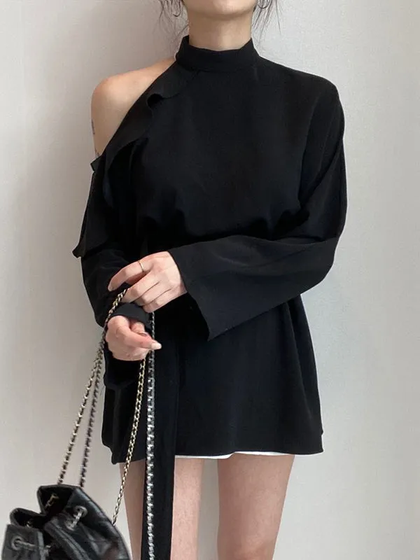 Long Sleeves Loose Asymmetric Hollow Ruffled Solid Color Tied Waist Mock Neck Blouses&Shirts Tops