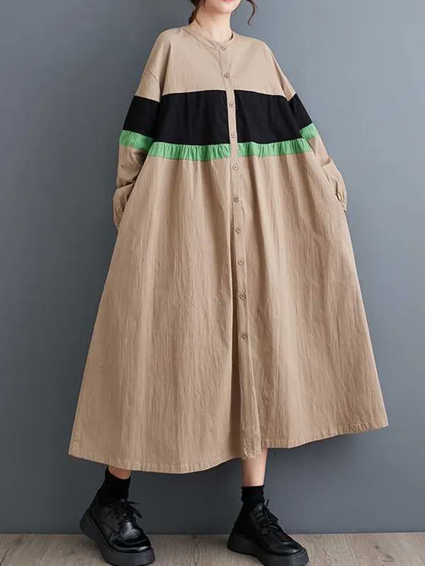 Long Sleeves Loose Buttoned Contrast Color Elasticity Split-Joint Round-neck Midi Dresses