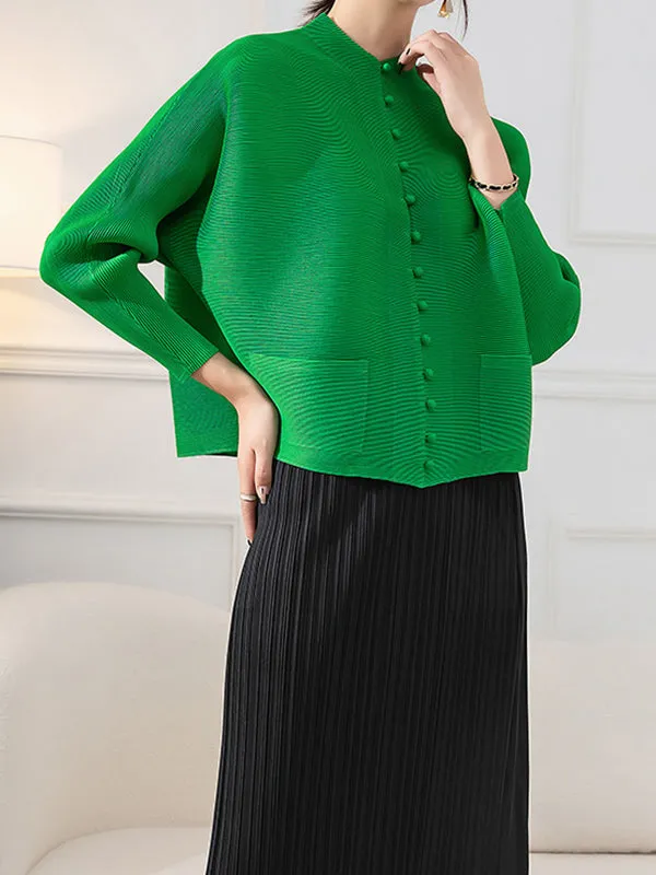 Long Sleeves Loose Buttoned Pleated Pockets Solid Color Round-Neck Outerwear