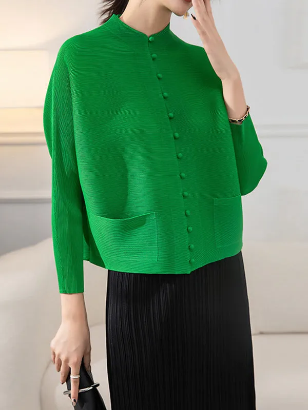 Long Sleeves Loose Buttoned Pleated Pockets Solid Color Round-Neck Outerwear