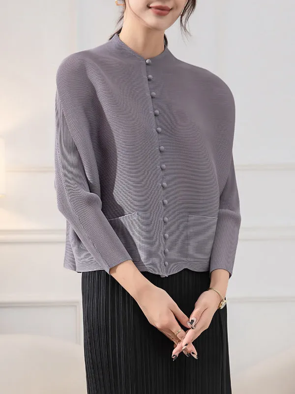 Long Sleeves Loose Buttoned Pleated Pockets Solid Color Round-Neck Outerwear