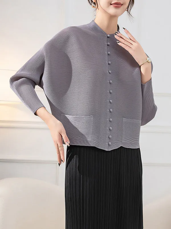 Long Sleeves Loose Buttoned Pleated Pockets Solid Color Round-Neck Outerwear