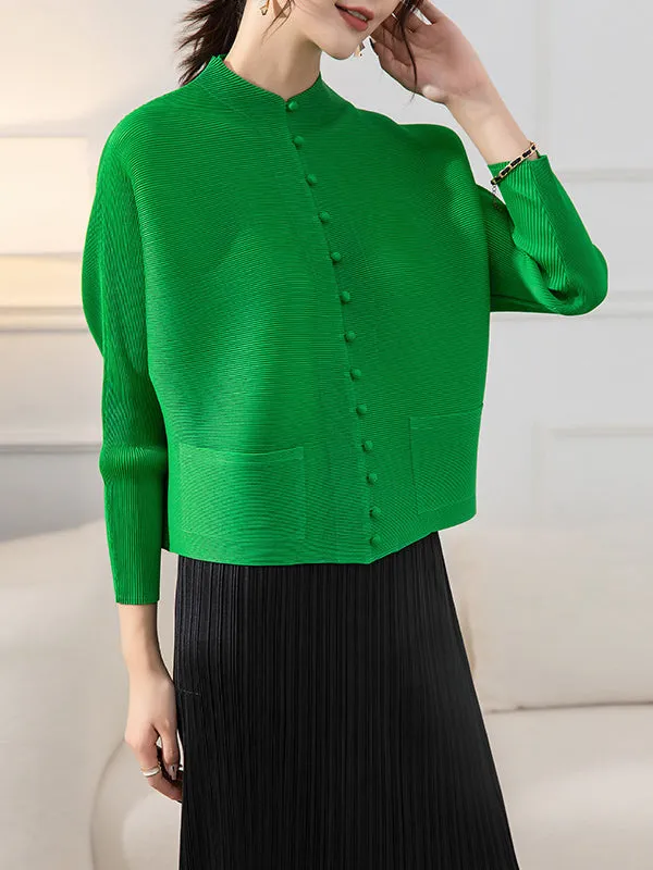 Long Sleeves Loose Buttoned Pleated Pockets Solid Color Round-Neck Outerwear