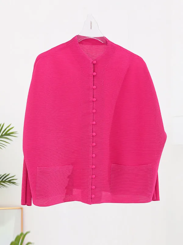 Long Sleeves Loose Buttoned Pleated Pockets Solid Color Round-Neck Outerwear