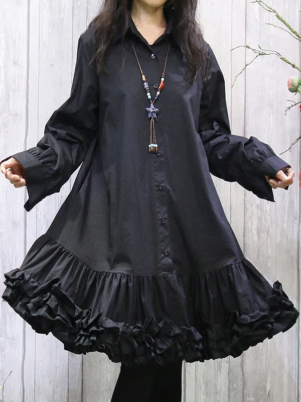 Long Sleeves Loose Buttoned Pleated Ruffled Solid Color Lapel Midi Dresses Shirt Dress