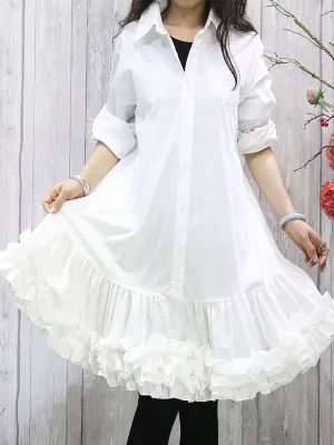 Long Sleeves Loose Buttoned Pleated Ruffled Solid Color Lapel Midi Dresses Shirt Dress