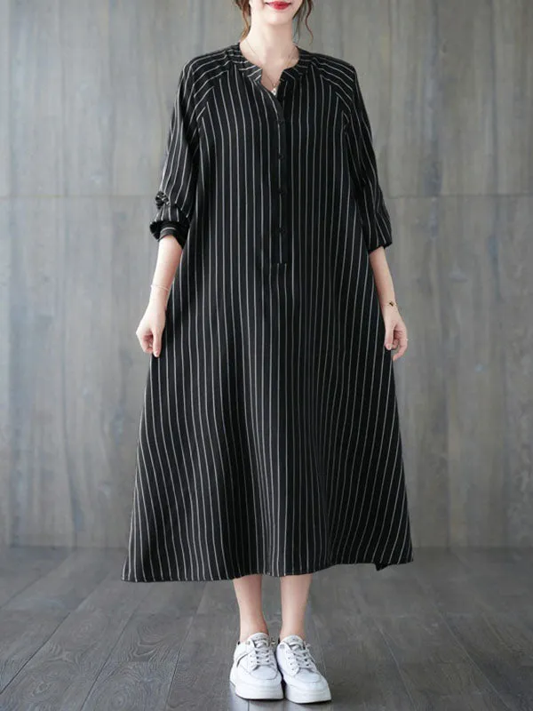 Long Sleeves Loose Buttoned Split-Side Striped Round-Neck Midi Dresses Shirt Dress