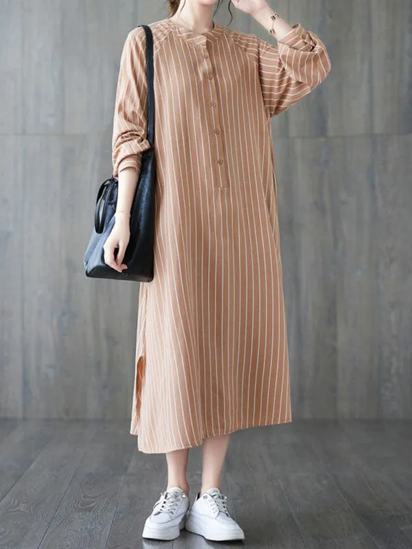 Long Sleeves Loose Buttoned Split-Side Striped Round-Neck Midi Dresses Shirt Dress