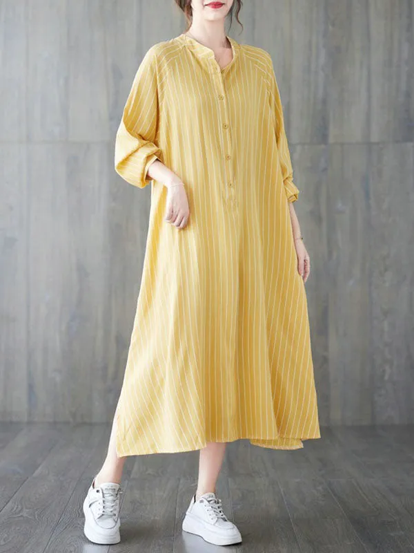 Long Sleeves Loose Buttoned Split-Side Striped Round-Neck Midi Dresses Shirt Dress