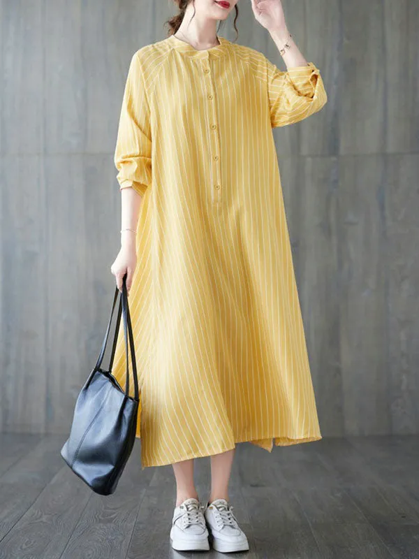 Long Sleeves Loose Buttoned Split-Side Striped Round-Neck Midi Dresses Shirt Dress