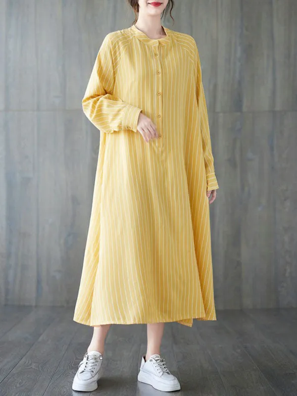 Long Sleeves Loose Buttoned Split-Side Striped Round-Neck Midi Dresses Shirt Dress