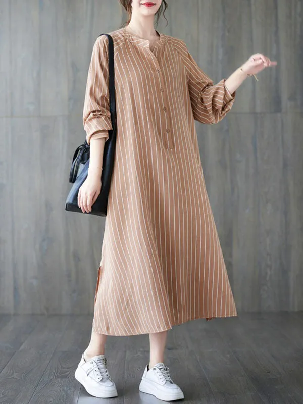 Long Sleeves Loose Buttoned Split-Side Striped Round-Neck Midi Dresses Shirt Dress