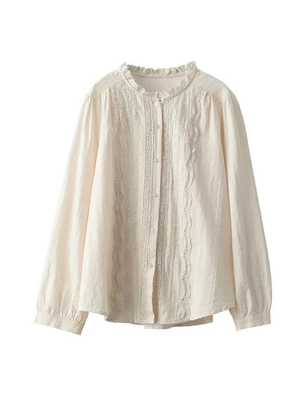 Long Sleeves Loose Embroidered Round-Neck Blouses&Shirts Tops