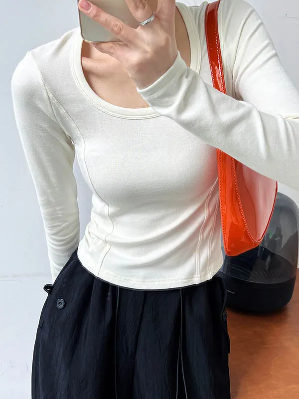 Long Sleeves Skinny Solid Color Split-Joint Round-Neck T-Shirts