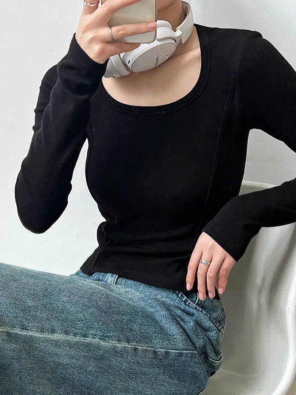 Long Sleeves Skinny Solid Color Split-Joint Round-Neck T-Shirts