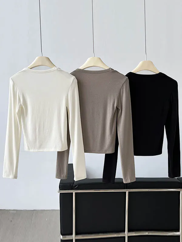 Long Sleeves Skinny Solid Color Split-Joint Round-Neck T-Shirts