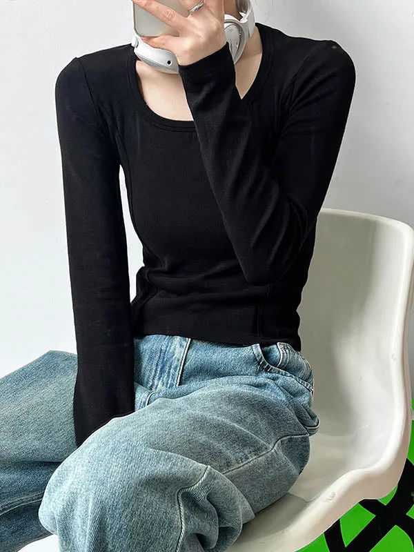 Long Sleeves Skinny Solid Color Split-Joint Round-Neck T-Shirts